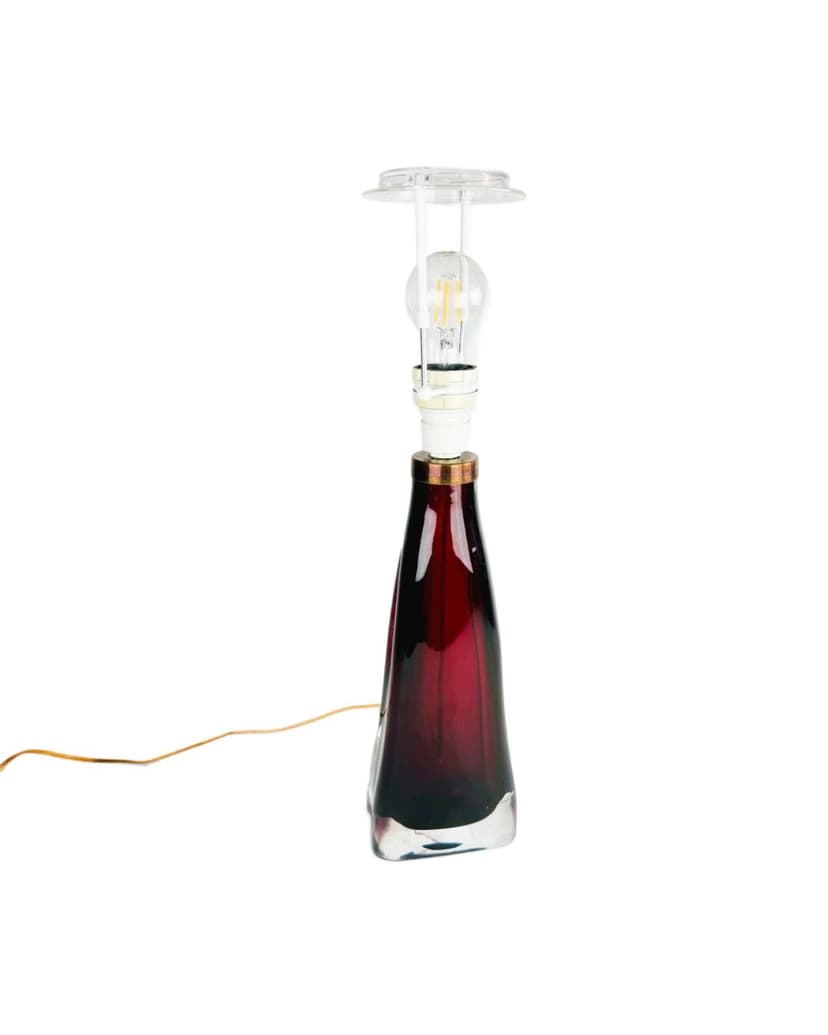 Table lamp, red clear glass, by C. Fagerlund, Orrefors, Sweden, 1950s.