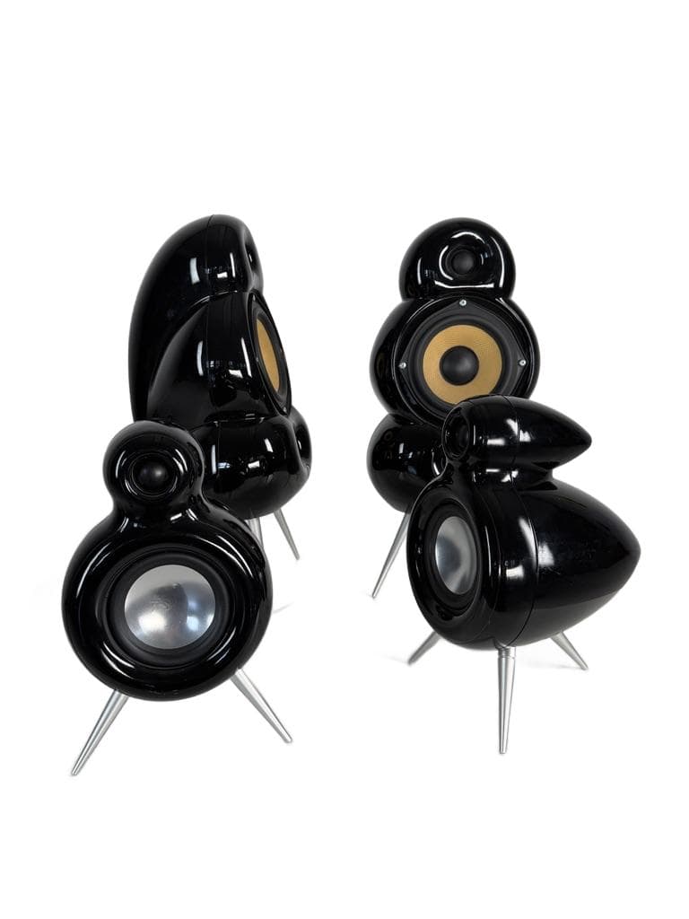 Set of four speakers MiniPod and MicroPod, black, plastic, aluminium, by S. Ghahary, Denmark