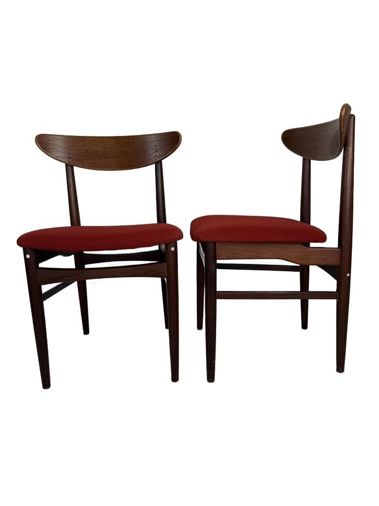 Pair of chairs, brown teak, red fabric, Denmark, 1960s.