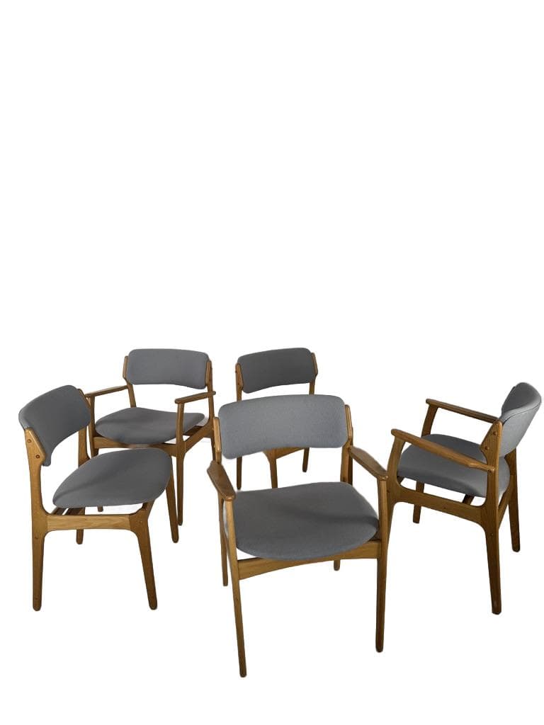 Set of five chairs, brown oak, grey fabric, by E. Buch, Denmark, 1960s.