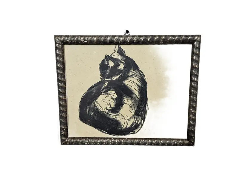Drawing Cat, 28x35 cm, black chalk, black pencil, white paper, brown wood frame, 1950s.