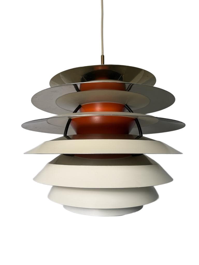 Pendant lamp PH Kontrast, silver orange white aluminium, by P. Henningsen, Louis Poulsen, Denmark, 1960s.