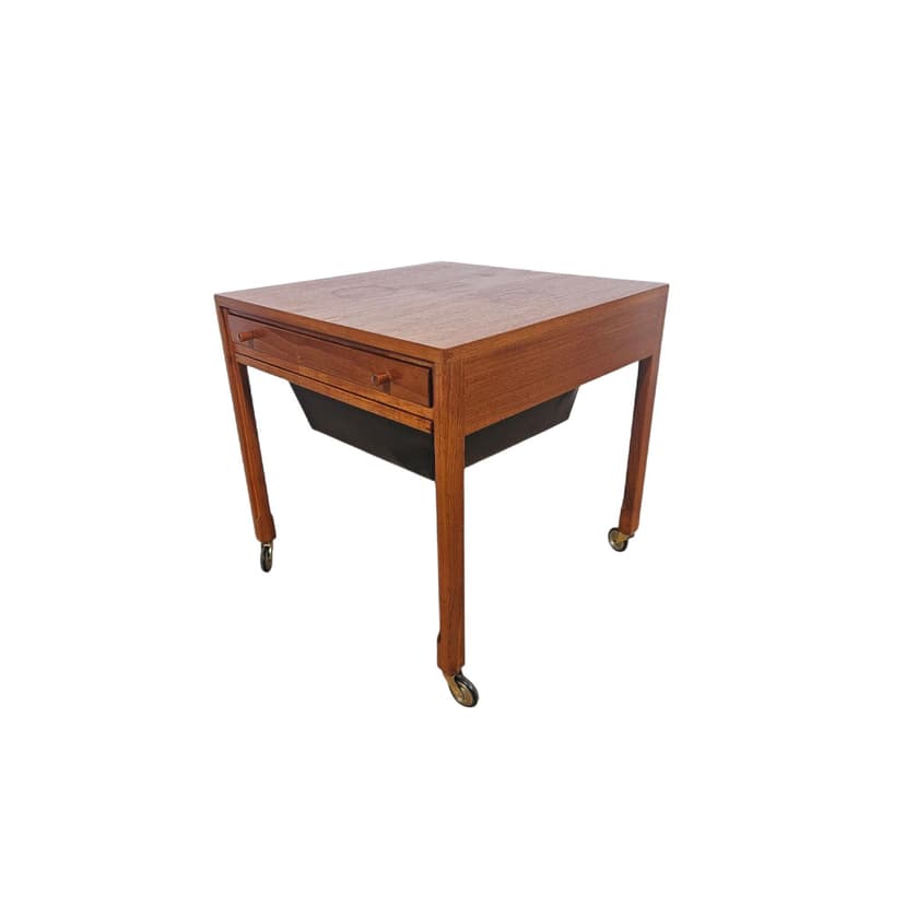Sewing table, brown teak, black faux leather, Denmark, 1960s.