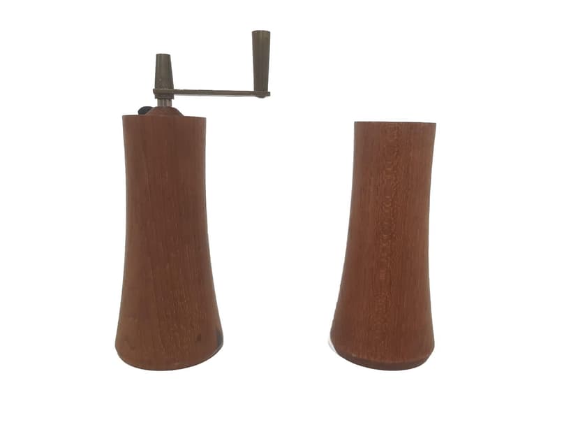 Salt and pepper set, brown teak, silver metal, by L. Lønborg, Denmark, 1960s.