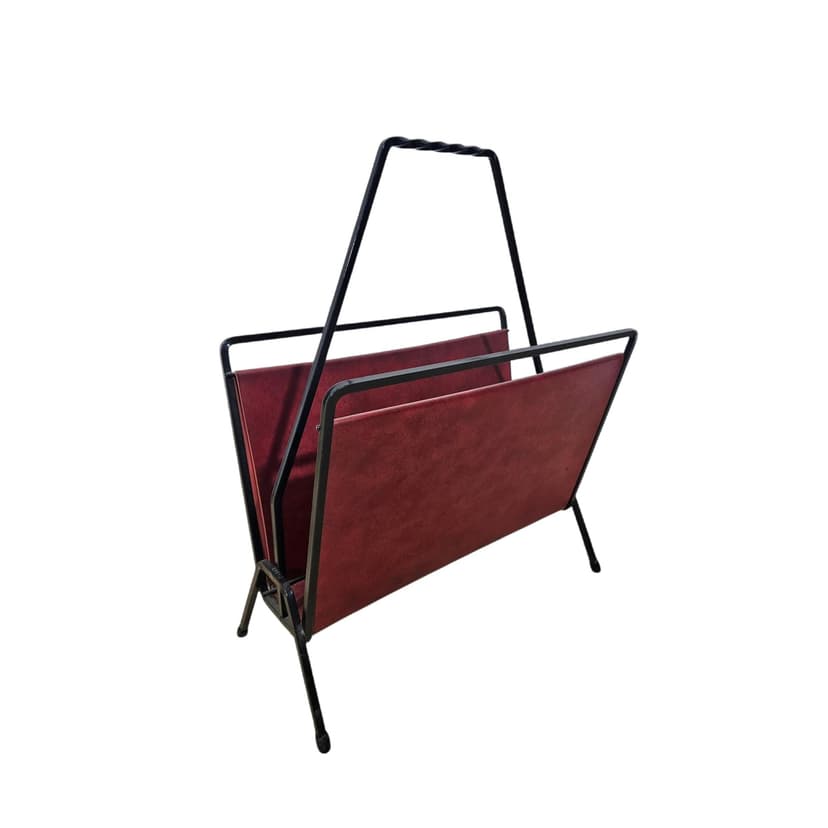 Magazine rack, burgundy leather, black metal, Germany, 1960s.