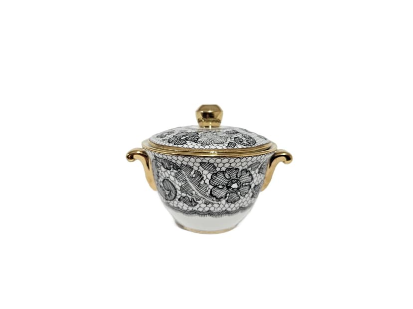 Sugar Bowl Limoges Marcel Rochas, white black gold, porcelain gilt, Tallec, France, 1950s