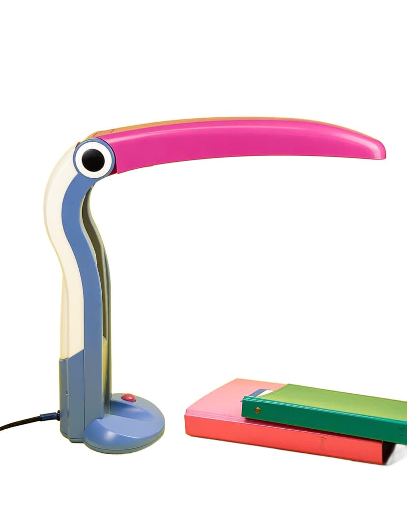 Desk lamp Toucan, blue pink white, plastic, by H.T. Huang, Taiwan, 1980s.