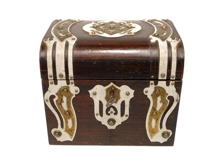 Art Nouveau casket, brown wood, gold brass, white enamel, Austro-Hungary, early 20th c.