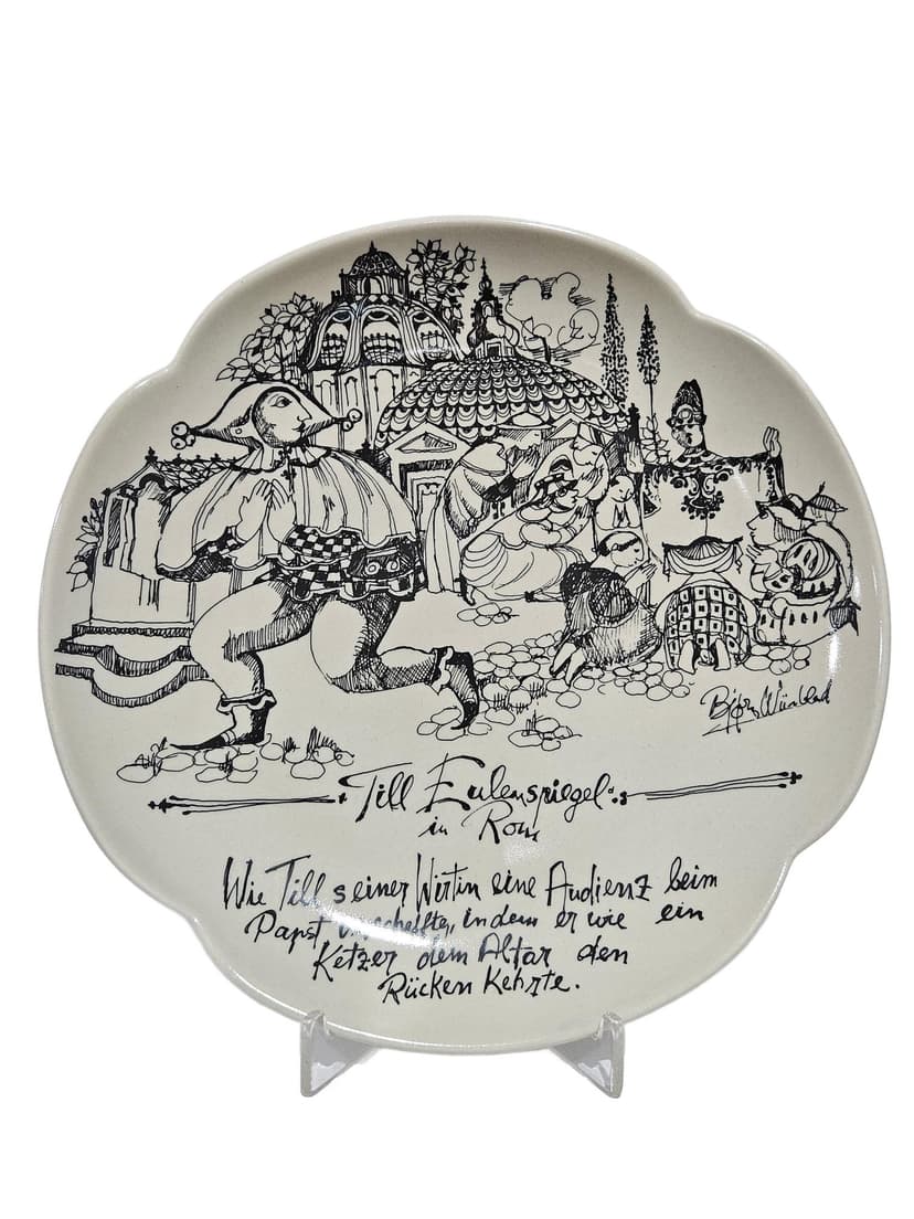 Decorative plate Rosenthal studio-linie, white black, porcelain, by B. Wiinblad, Germany, 1960s