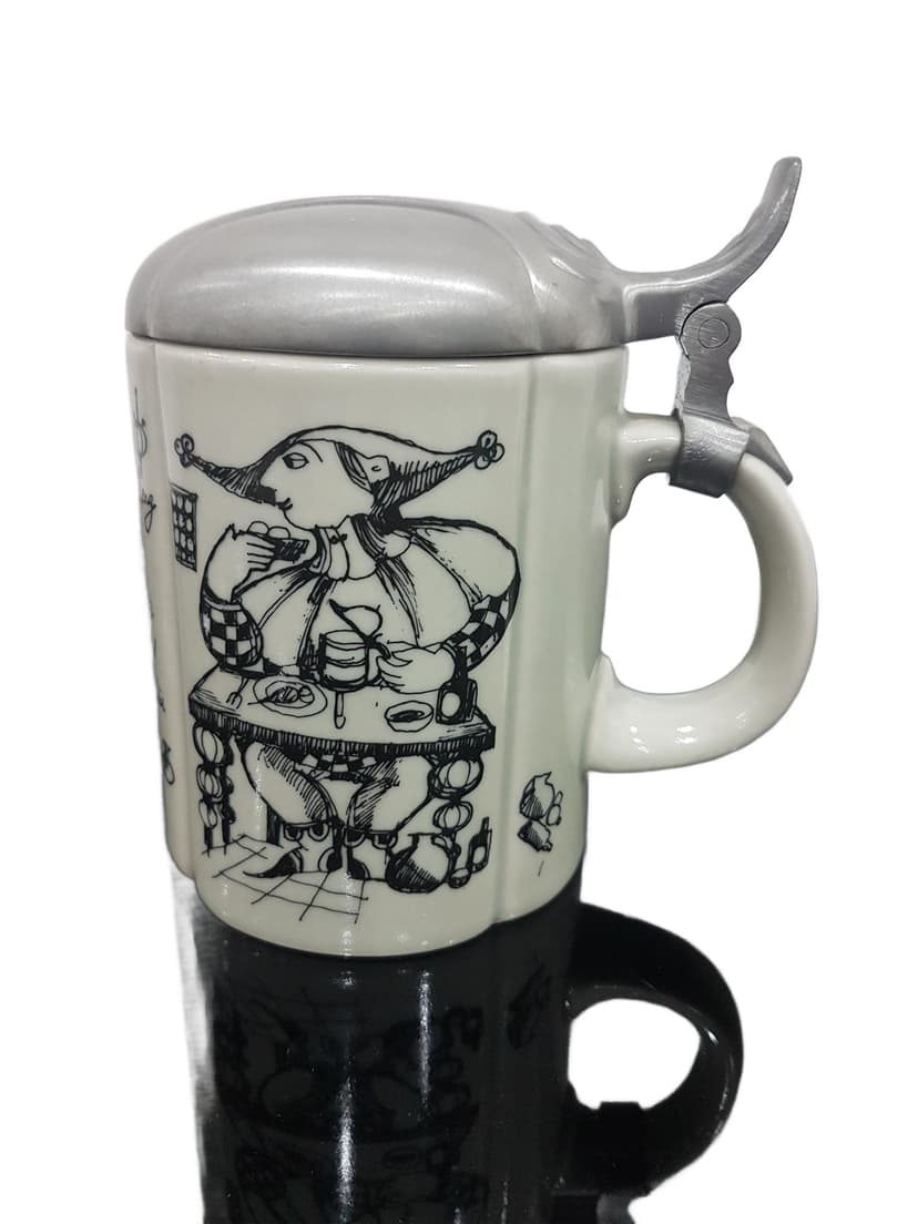 Beer Stein Studio-Line, white ceramic, silver pewter lid, by B. Wiinblad, Rosenthal, Germany, 1960s.