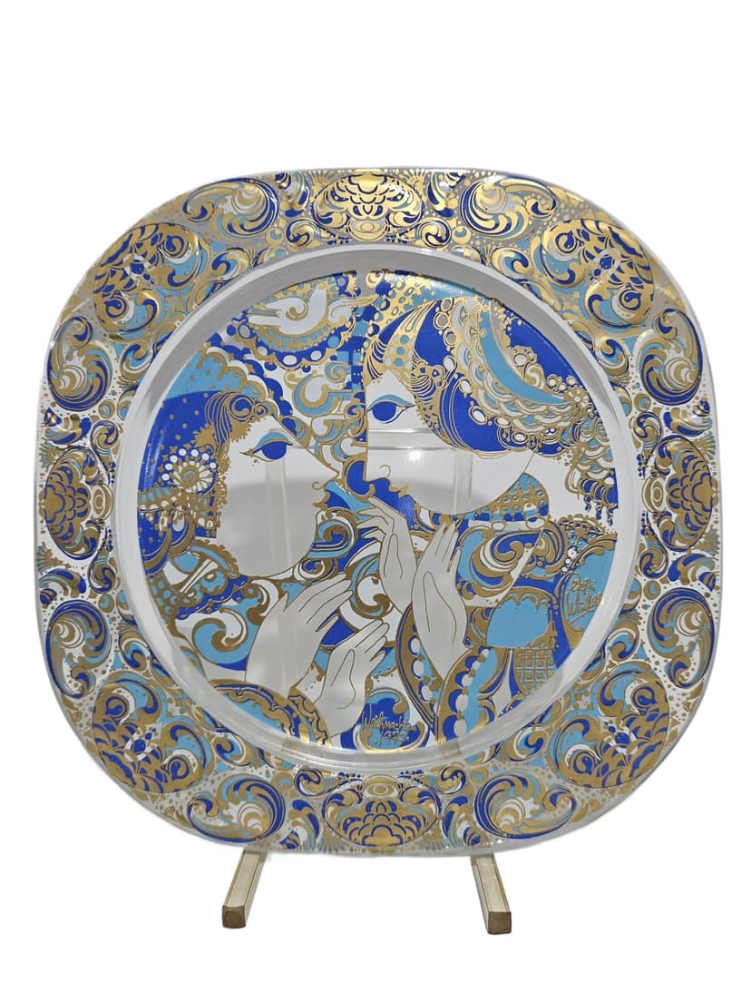 Plate Christmas Plate 29x29 cm, clear crystal, gilding, blue enamel, by B. Wiinblad, Rosenthal, Germany, 1970s.