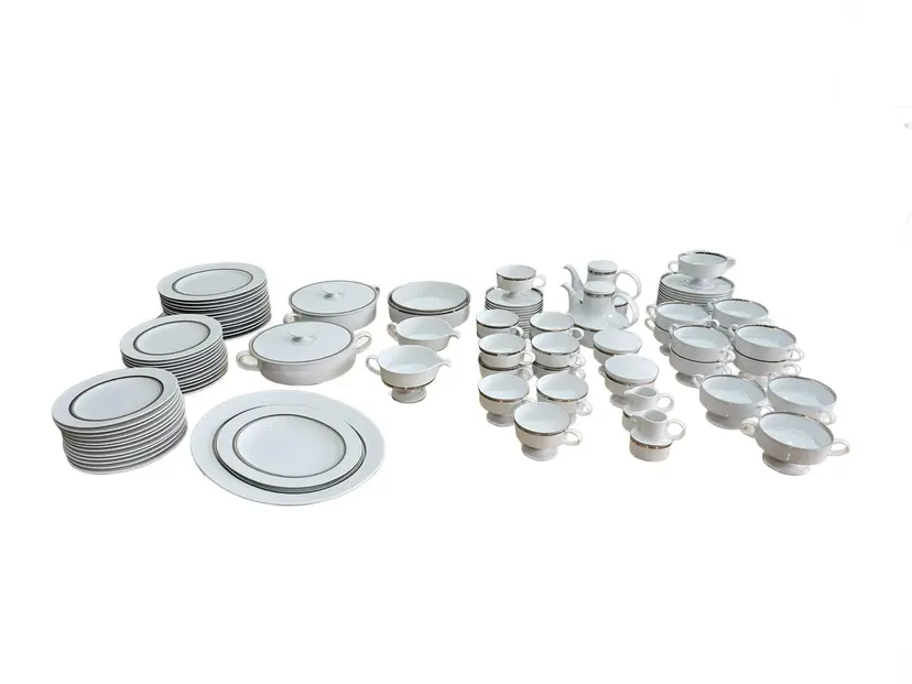 Eighty-six piece dinner and coffee set Composition, white porcelain, platinum rim, by T. Wirkkala, Rosenthal studio-linie, Germany, 1980s