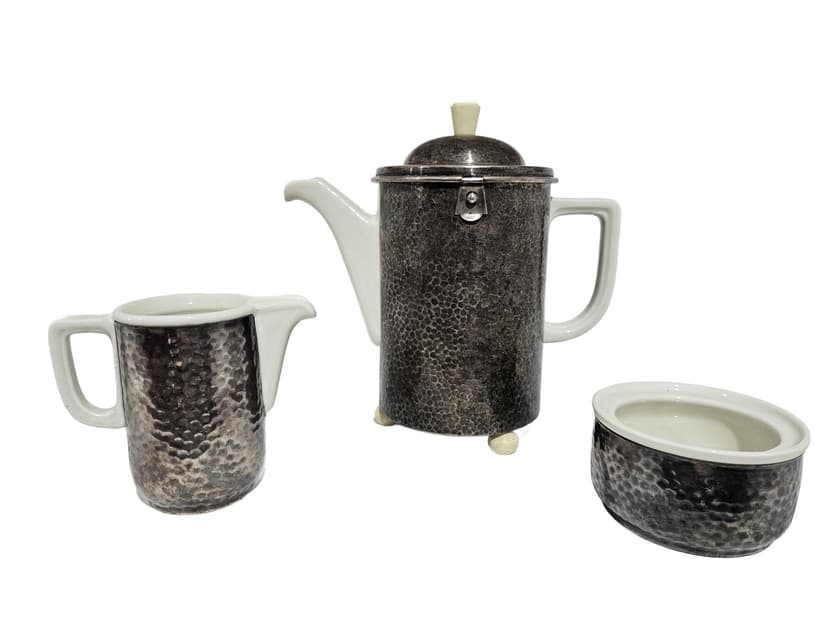 Coffee Set Art Deco, white porcelain, grey metal, WMF, Germany, 1930s