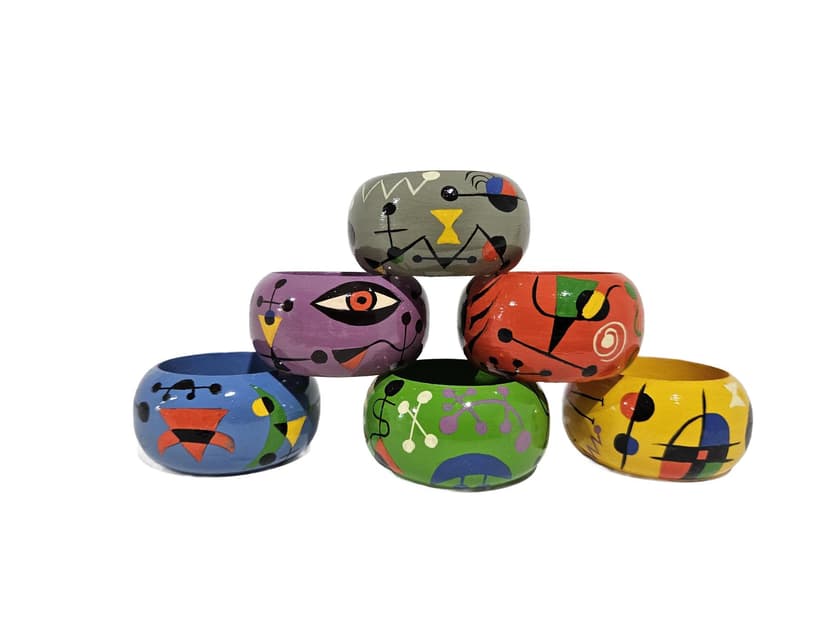 Set of six napkin rings, abstract, wood, 1980s
