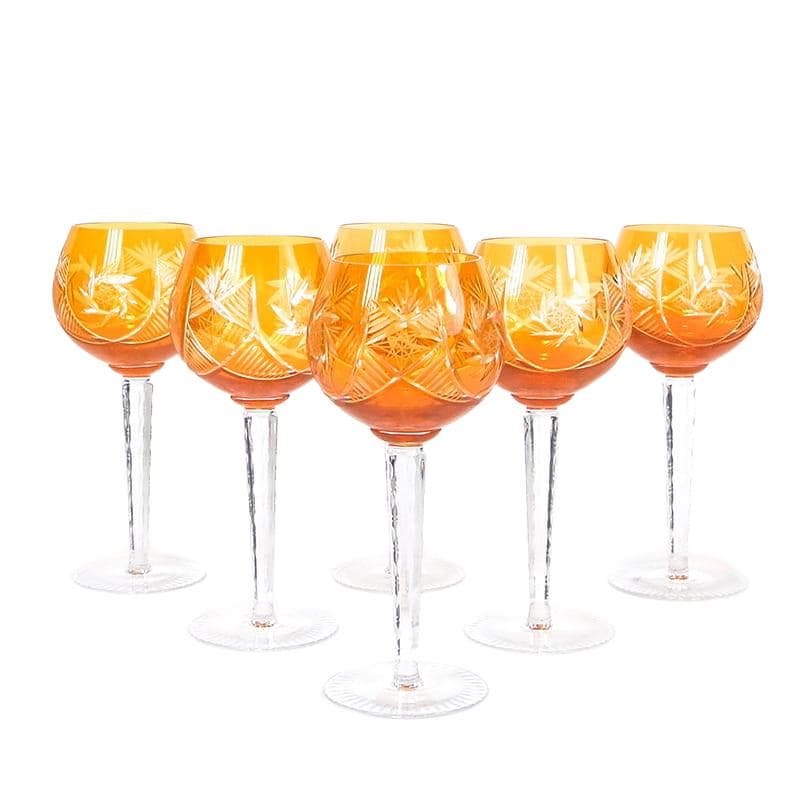 Set of Wine Glasses WMF Cristal Cabinet, orange crystal clear glass, WMF, Germany, 1950s
