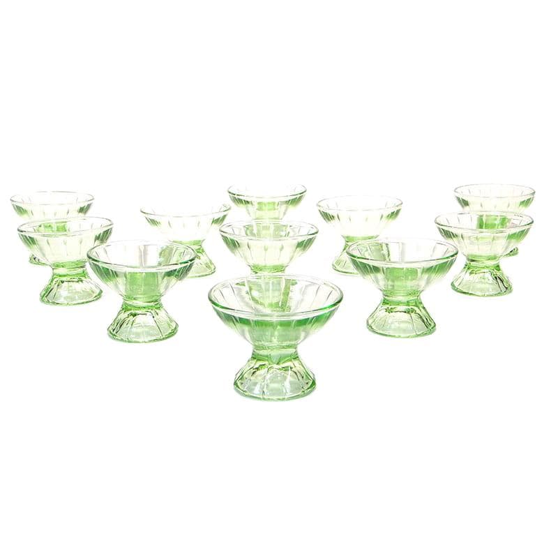 Set of Art Deco glasses, green glass, Czechoslovakia, 1930s