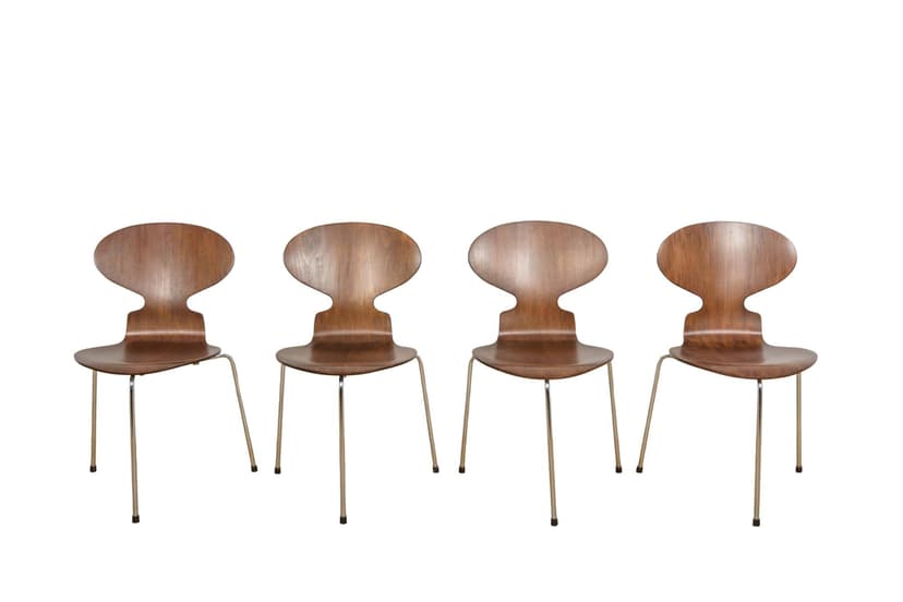 Set of four chairs Ant 3101, brown teak plywood, silver polished steel, by A. Jacobsen, Fritz Hansen, Denmark, 1970s.