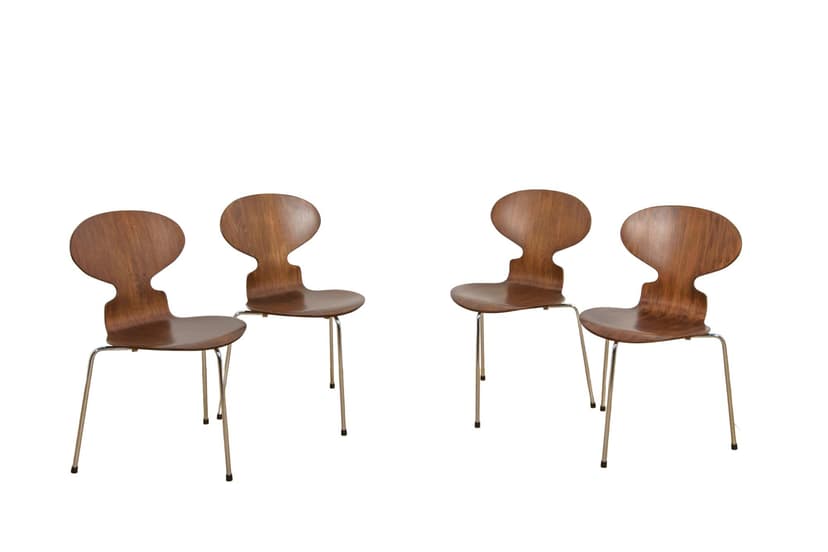 Set of four chairs Ant 3101, teak plywood brown, chromed steel silver, by A. Jacobsen, Fritz Hansen, Denmark, 1970s.