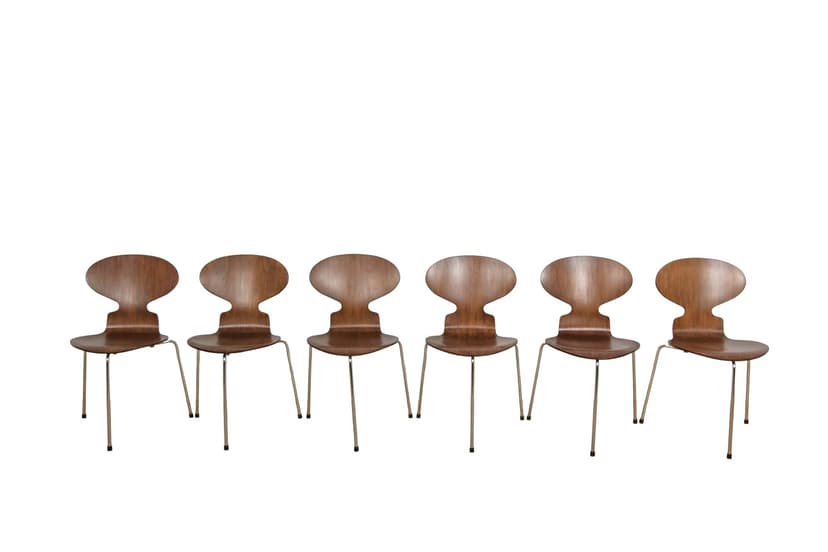 Set of six chairs Ant 3101, teak plywood brown, chrome steel silver, by A. Jacobsen, for Fritz Hansen, Denmark, 1970s.