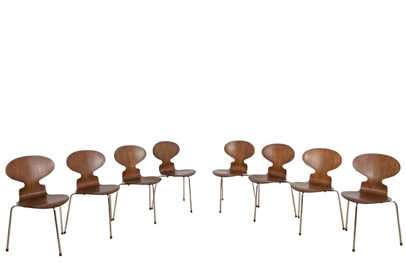 Set of eight chairs Ant 3101, teak plywood brown, polished steel silver, by A. Jacobsen, Fritz Hansen, Denmark, 1970s.