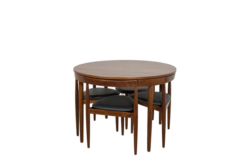 Zestaw jadalniany, teak brązowy, skóra naturalna czarna, proj. H. Olsen, Frem Røjle, Dania, lata 50.