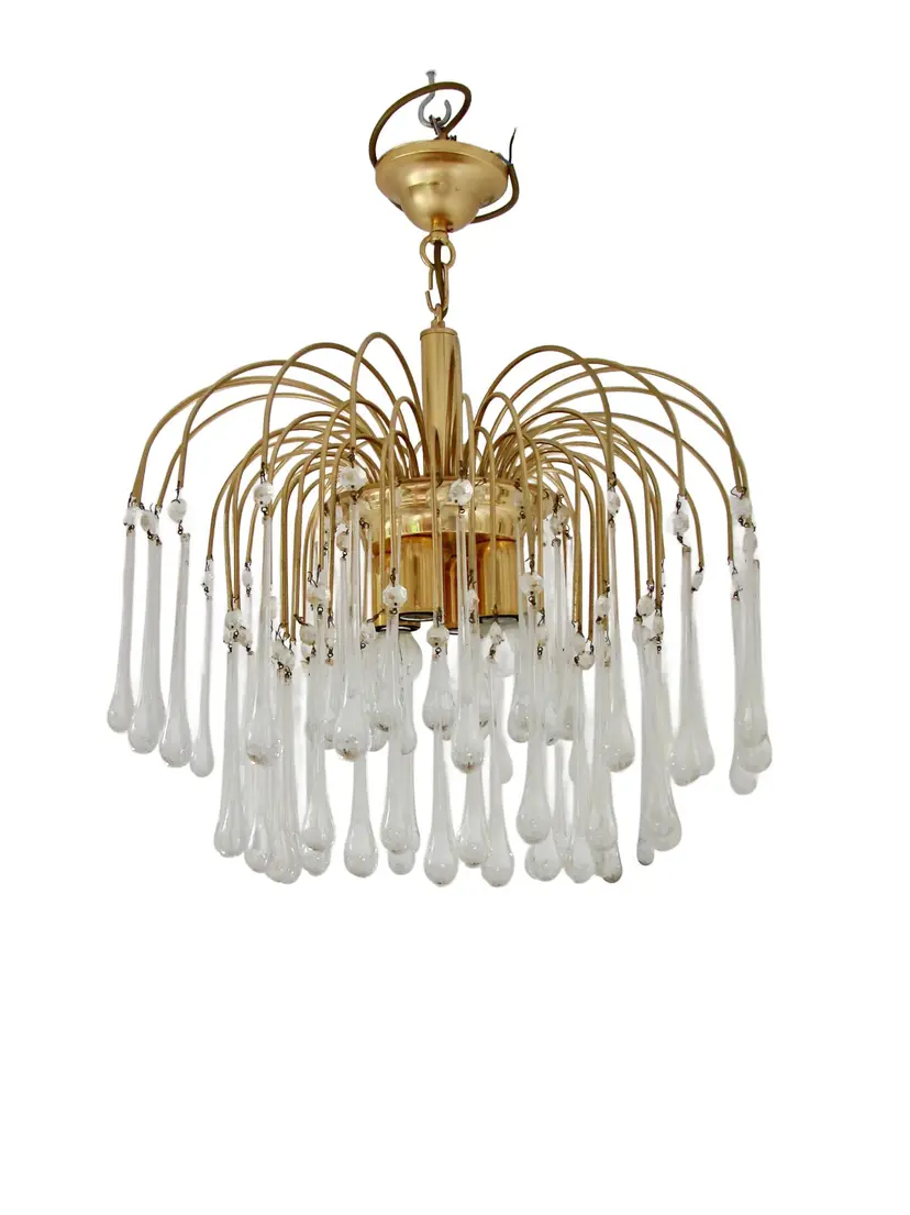 Lampa wisząca, złoty metal, kryształ przezroczysty, proj. P. Venini, Włochy, lata 70.