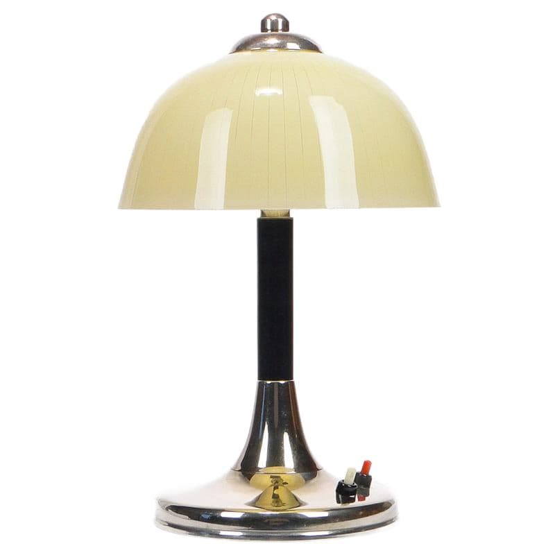 Lampa stołowa Space Age, szkło beżowy, mosiądz chromowany srebrny, bakelit czarny, Polska, lata 50.