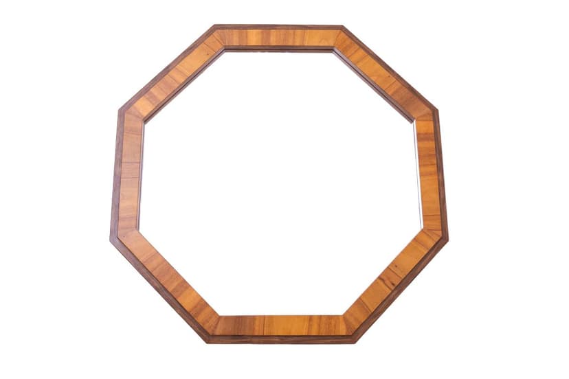 Lustro ścienne oktagonalne Art déco, szkło, orzech brązowy, Polska, lata 50.