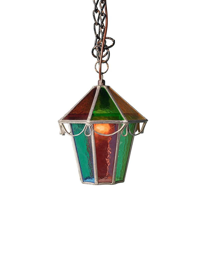 Lampa wisząca witrażowa, zielony czerwony niebieski, szkło metal, Dania, lata 70.