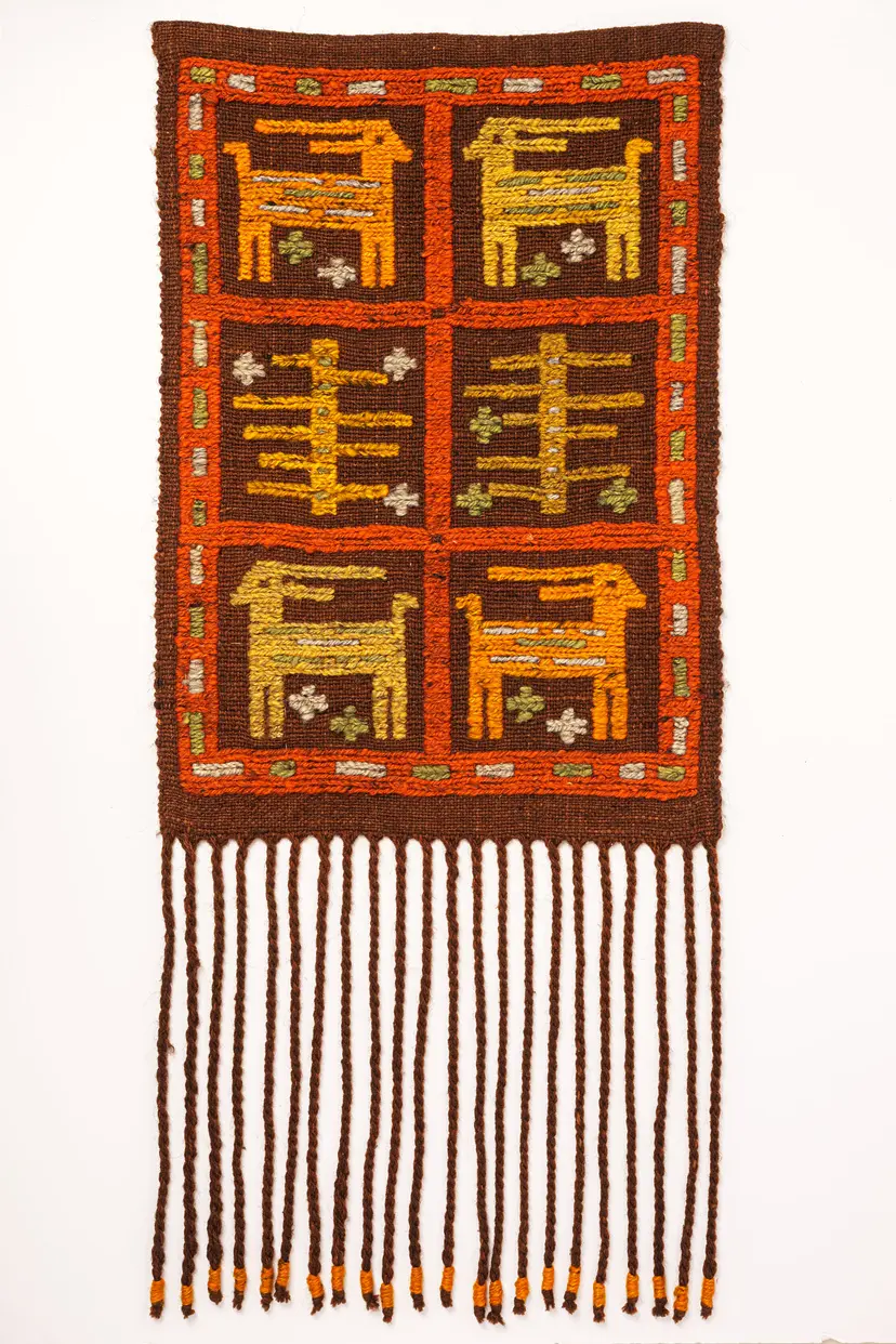 Kilim Sumak Kierdel Koziołków 60x41 cm, wełna brązowy pomarańczowy żółty zielony, Zakopiańskie Warsztaty Wzorcowe, Polska, lata 80.