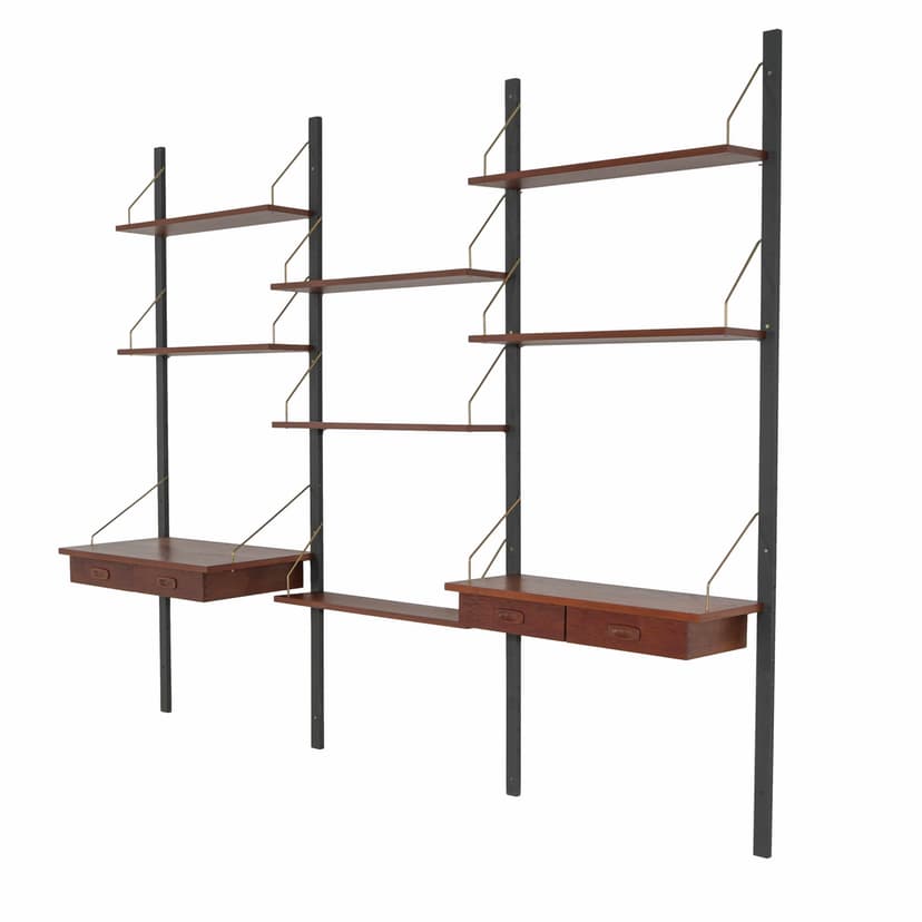 Regał modułowy PS System, teak brązowy, drewno czarne, Dania, lata 70.