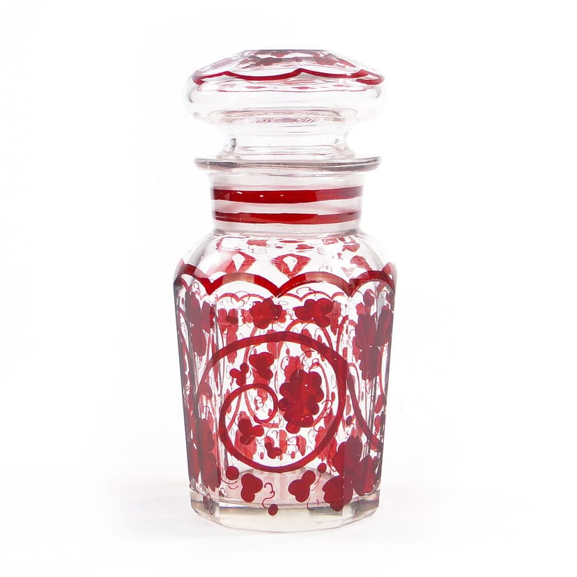 Herbatnica Biedermeier, przezroczysty kryształ, emalia czerwona, Austria, lata 40. XIX w.