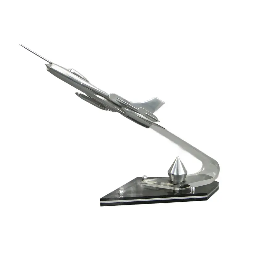 Model samolotu F-16 Walczący Sokół, srebrny, aluminium polerowane, akryl czarny, USA, lata 70.