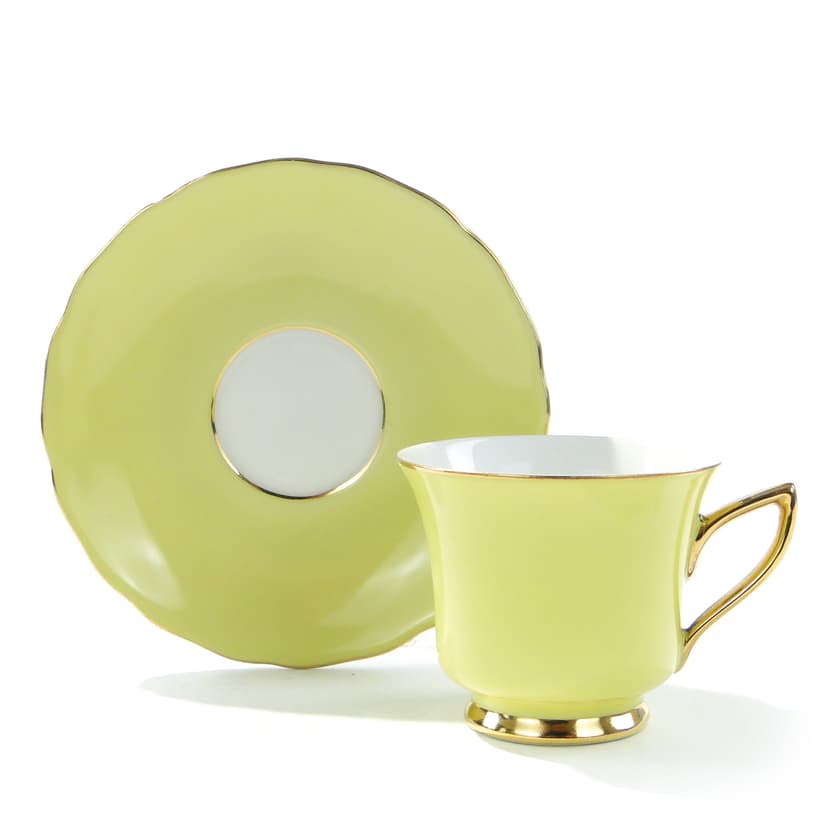 Filiżanka do espresso ze spodkiem, Windsor, żółto-zielony, porcelana biała, złocenie, Czechosłowacja, lata 50.