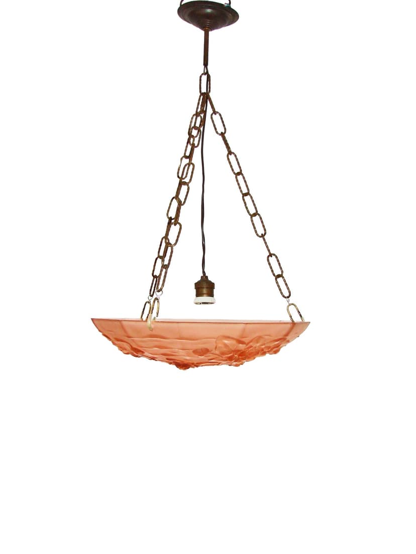 Lampa wisząca Ampla Art Deco, szkło różowy, mosiądz złoty, Francja, lata 30.