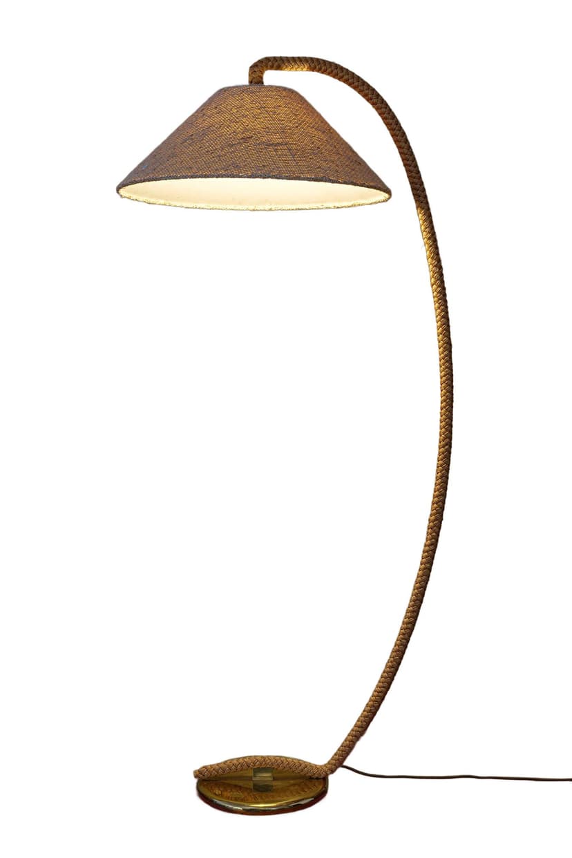 Lampa podłogowa łukowa, brązowy, tkanina, mosiądz, Dania, lata 70.