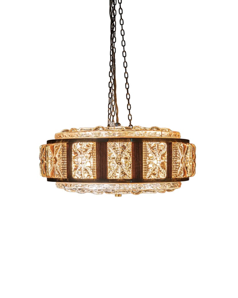 Lampa sufitowa, szkło sodowe pomarańczowy, palisander brązowy, proj. C. Fagerlund, Orrefors, Szwecja, lata 70.