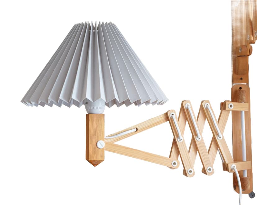 Lampa ścienna nożycowa, drewno jasnobrązowe, tkanina szara, Dania, lata 90.