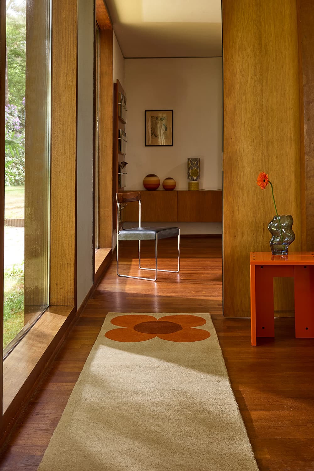 Dywan Flower Placement beżowy, pomarańczowy, brązowy 67x230 cm, wełna, Orla Kiely - 374872