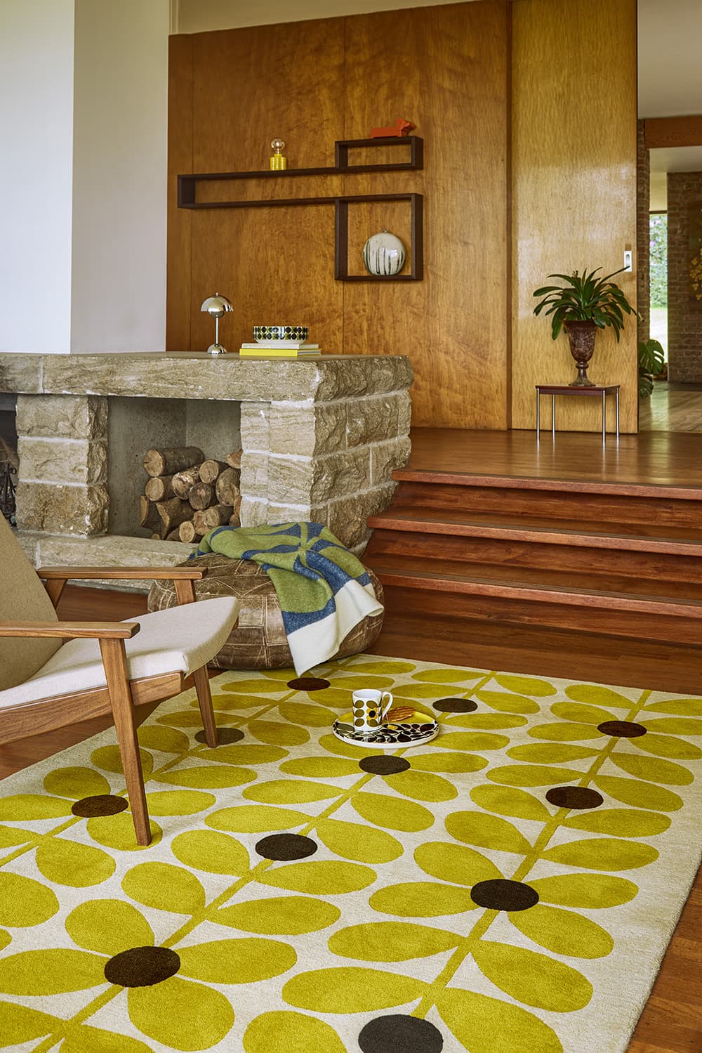 Rug Sixties Stem yellow, brown, white 250x350 cm, wool, Orla Kiely - 375096