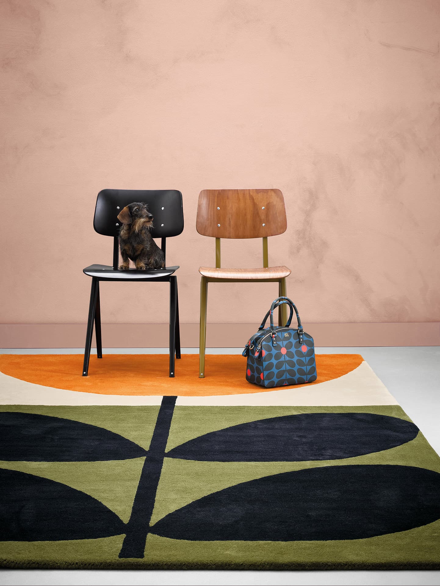 Dywan Stem Black pomarańczowy, biały, zielony, czarny 120x180, wełna, Orla Kiely - 375579