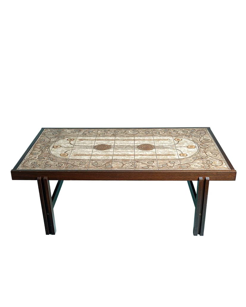 Coffee table, beige brown yellow ceramic, brown wood, Denmark, 1970s.