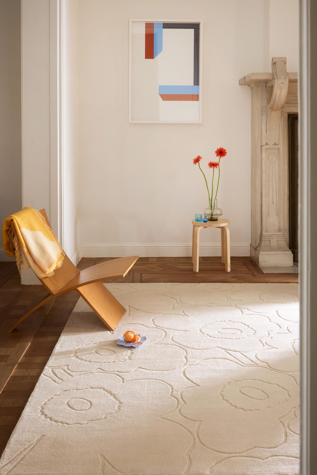 Rug Piirto Unikko Natural White beige, white 70x245 cm, wool, Marimekko - 376430