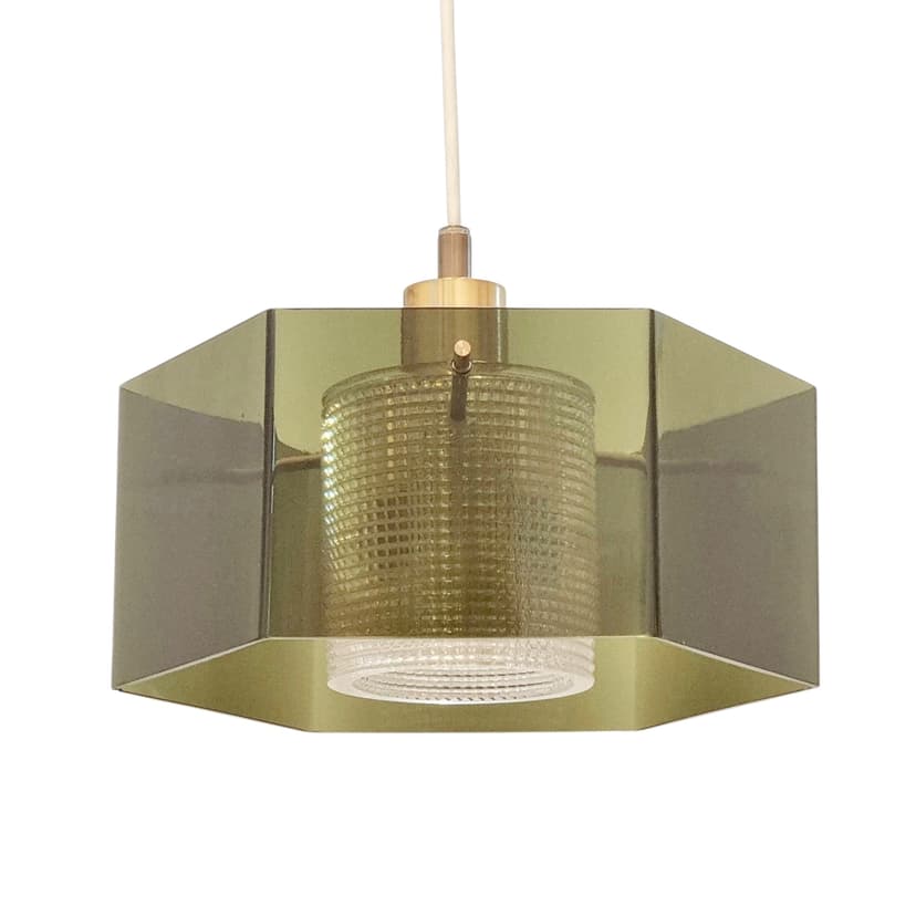 Ceiling lamp, green glass, gold brass, by C. Fagerlund, Orrefors, Sweden, 1960s.