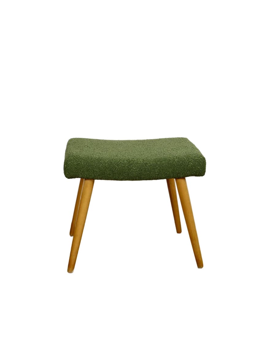 Stool, green bouclé, natural beech, Poland, 1970s