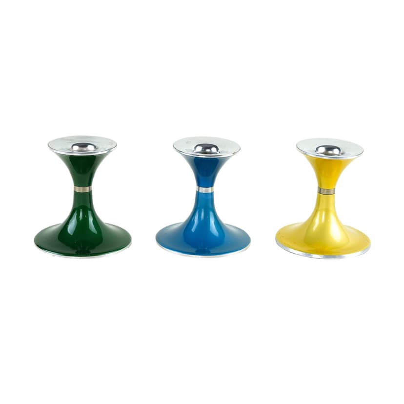 set of candlesticks Space Age, green blue yellow, lacquered metal, by B. Engø, Norway, 1970s.