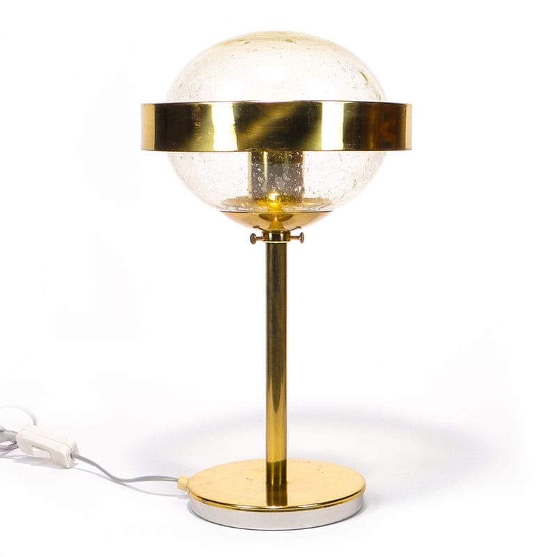 Lampa stołowa Saturn, szkło sodowe przezroczyste, mosiądz złoty, Czechy, lata 50.