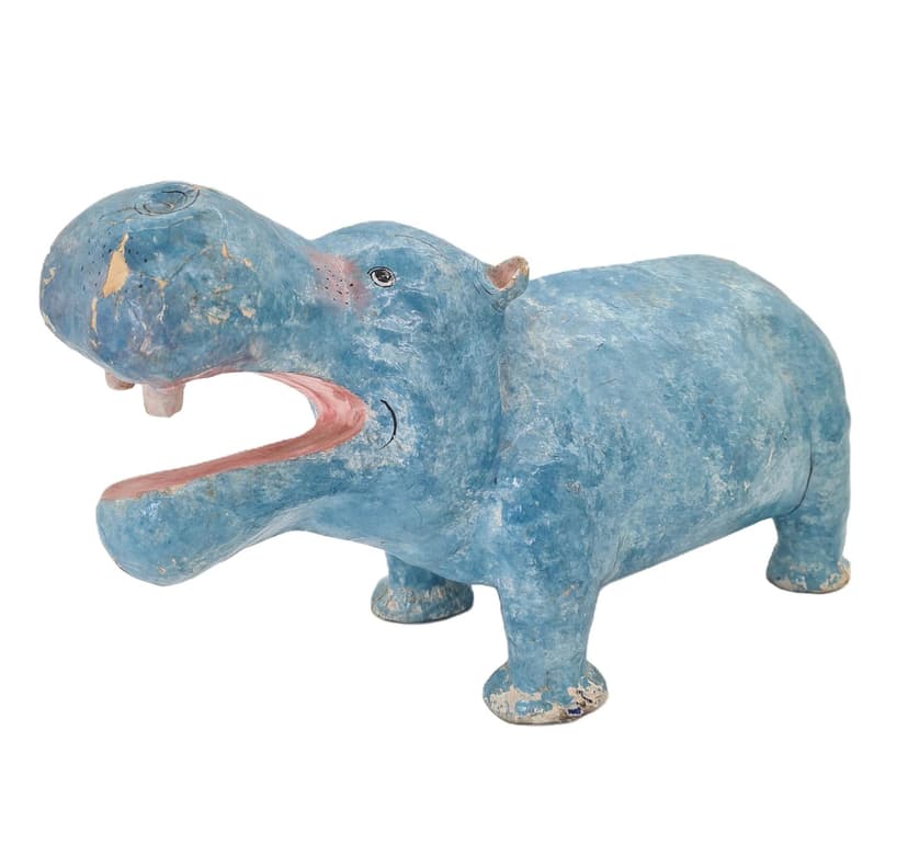 Figurka hipopotama, niebieski, papier-mâché, lata 70.