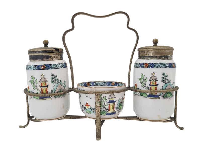 Three-piece condiment set Pagoda, bone china, metal, Crown Staffordshire, United Kingdom, 1970s