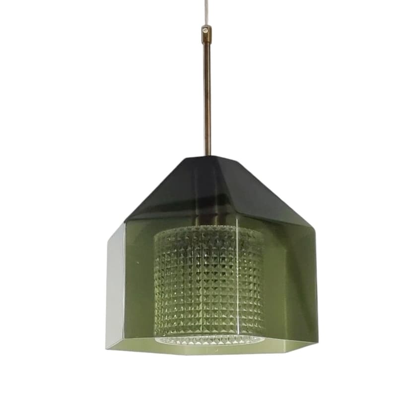 Lampa sufitowa, szkło zielone, mosiądz złoty, proj. C. Fagerlund, Orrefors, Szwecja, lata 60.